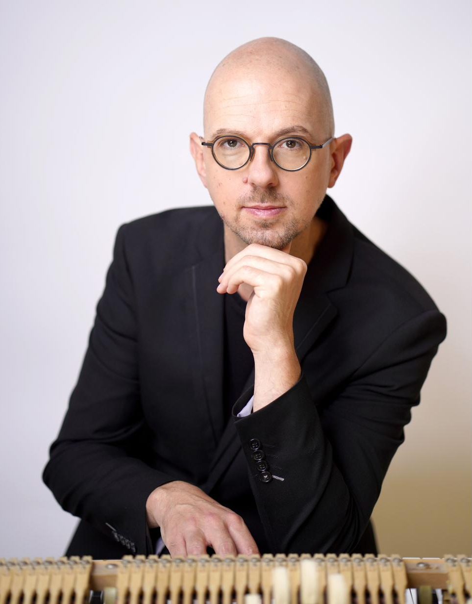 Michaël Ertzscheid derrière la mécanique du piano, la main au menton